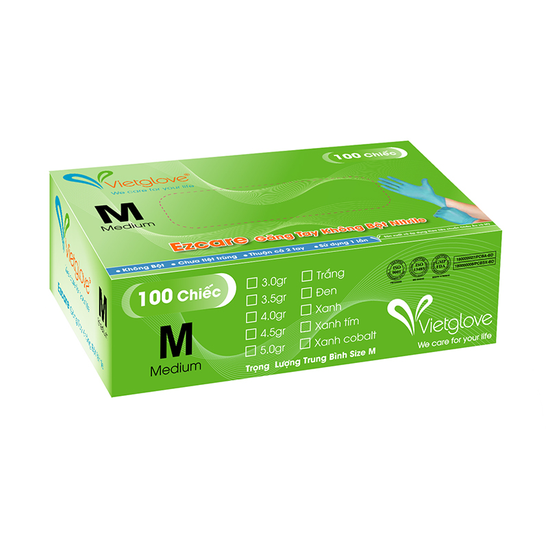 Găng tay cao su Ezcare Vietglove Disposable Nitrile Gloves 3.5gr, màu xanh nhạt, 100 chiếc