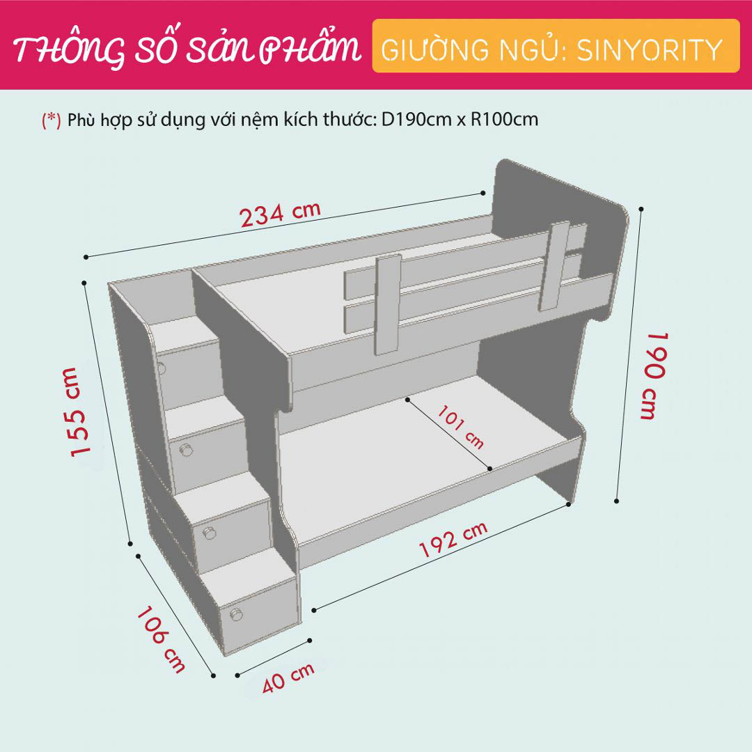 Giường tầng gỗ hiện đại cho bé SMLIFE Sinyority | Gỗ MDF dày 17mm chống ẩm | D234xR106xC190cm