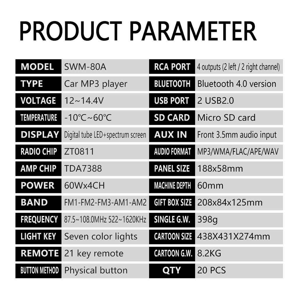 Bluetooth Car Stereo MP3 Player AUX / USB / TF / FM Standard