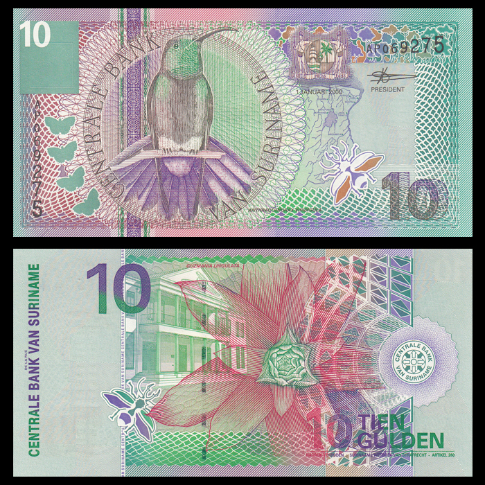 Tờ 10 Gulden của Suriname ở Nam Mỹ hình hoa và chim rất đẹp , tiền châu Mỹ , Mới 100% UNC