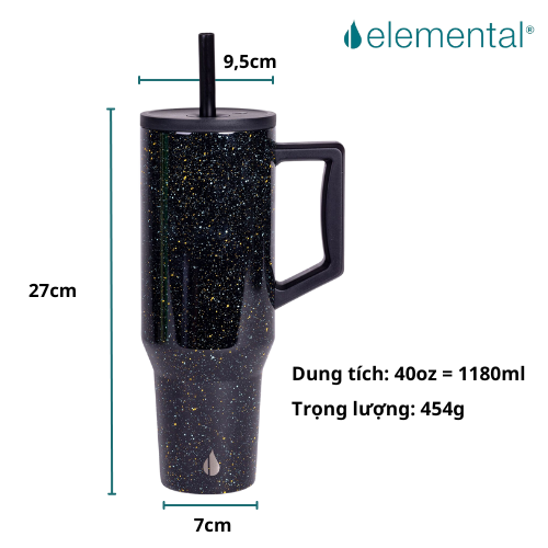 Ly giữ nhiệt Commuter Elemental 1180ml màu đen ánh kim thép không gỉ có tay cầm combo ống hút trân châu