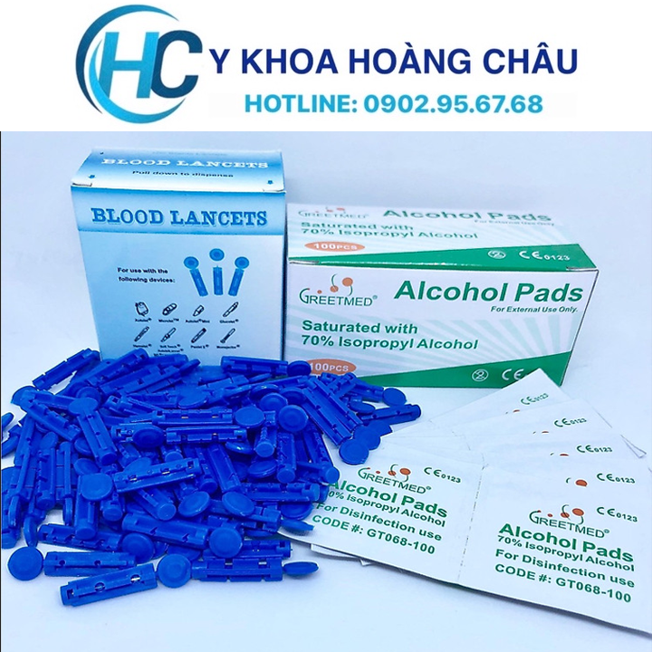 Hộp 100 kim đầu tròn lấy máu dùng tất cả dòng máy đo đường huyết + 1 Hộp 100 miếng cồn sát khuẩn