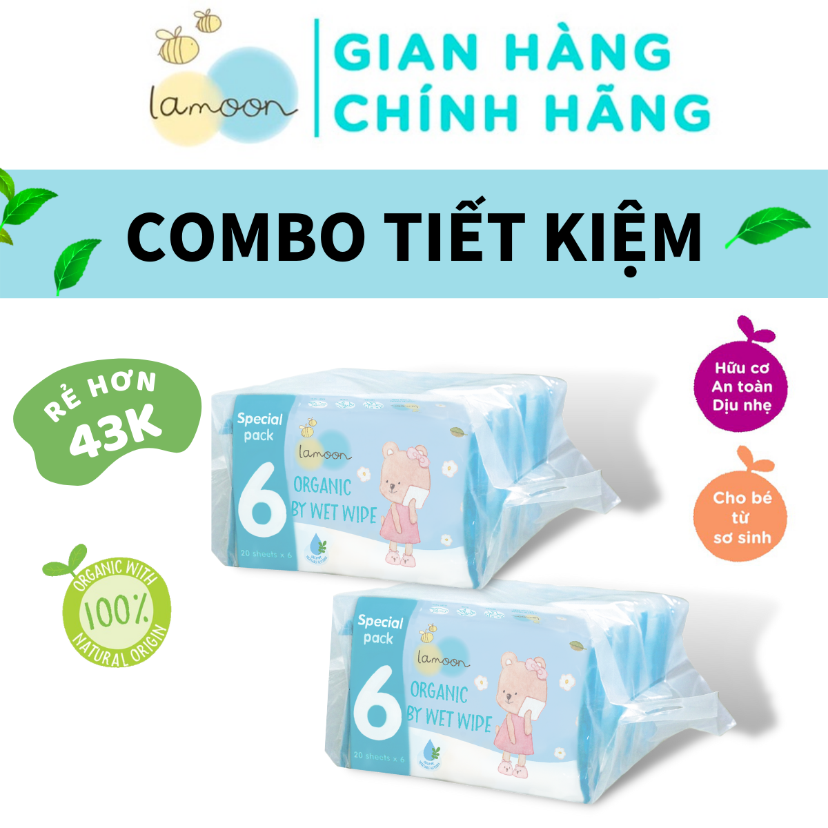 COMBO 12 Bịch Khăn Ướt Organic An Toàn Cho Mẹ Bầu Và Bé Từ Sơ Sinh Lamoon (12 Bịch x 20 Miếng)