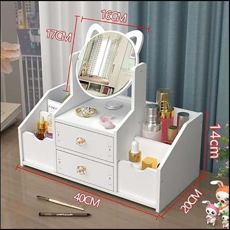 Tủ Để Đồ Trang Điểm Mini 2 Ngăn Kéo, 4 Hóc Đựng Cọ Có Gương Tai Mèo Bằng Nhựa - Hàng chính hãng