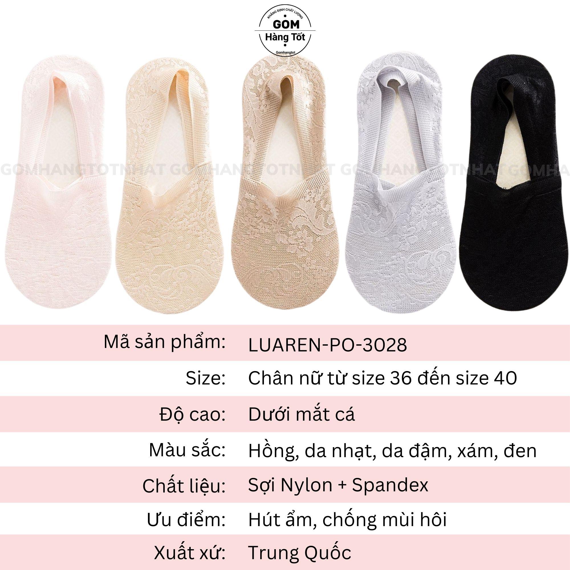 Tất nữ đi giày búp bê có bo thun chống tuột gót, vớ lười nữ chất liệu lụa phối ren cao cấp - LUAREN-PO-3028-1DOI