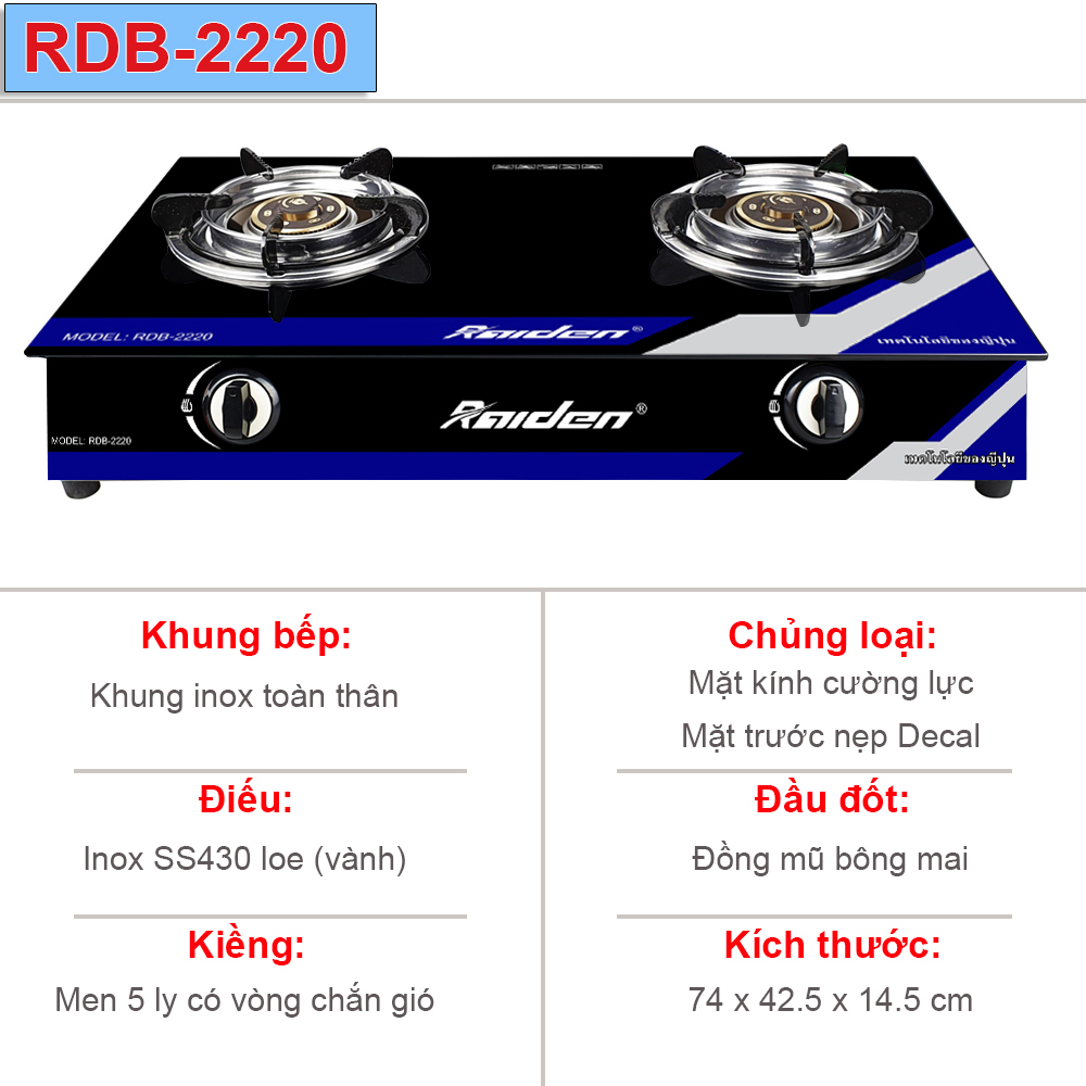 Bếp ga đôi Raiden RDB-2220 đầu đốt đồng, mặt kính cường lực chịu nhiệt đến 600 độ C - Hàng chính hãng