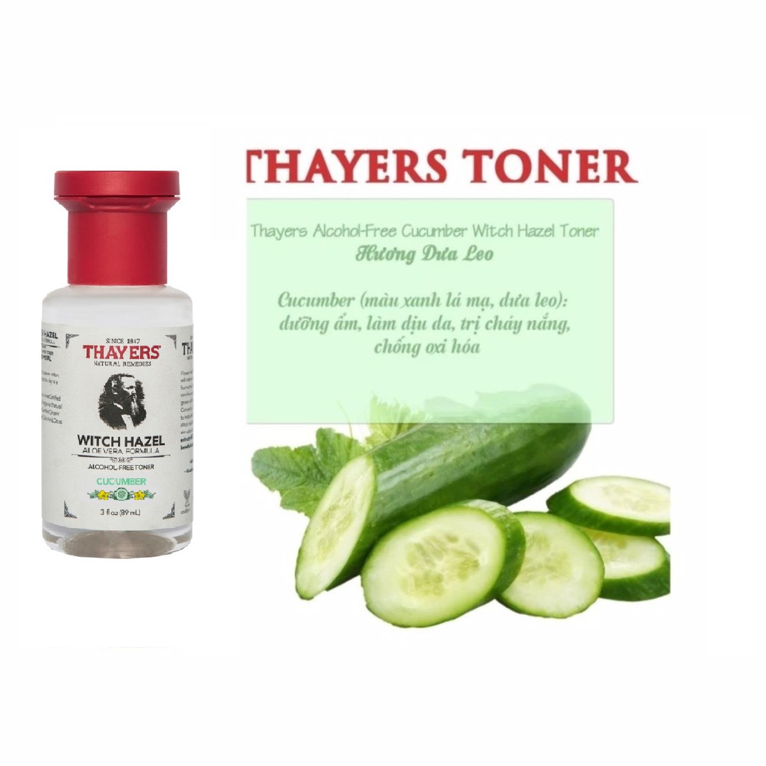 Nước Hoa Hồng Thayers Làm Sạch, Se Khít Lỗ Chân Lông Cucumber Phiên bản Mini size 89ml + Tặng 1 bông tẩy trang Ipek 80 miếng