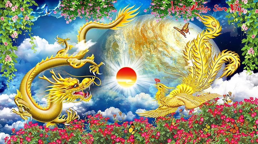 Tranh thêu chữ thập long phụng sum vầy LV3541 84 x 51 cm - chưa thêu
