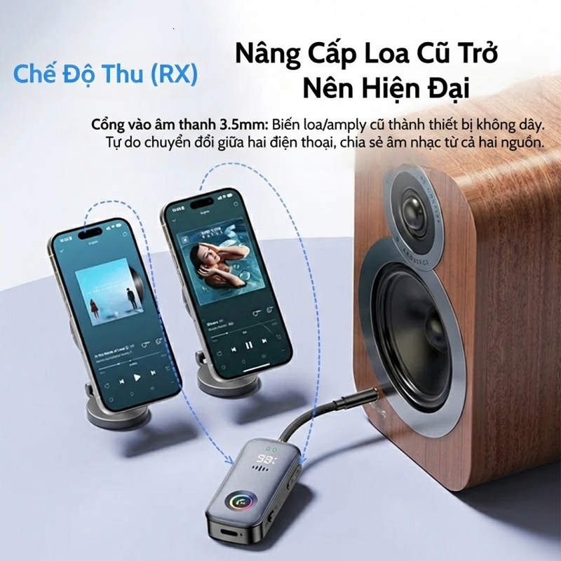 BỘ THU PHÁT BLUETOOTH 5.2 RX/TX ĐA NĂNG – MÀN HÌNH LED HIỂN THỊ PIN A6 PRO - Hàng Nhập Khẩu