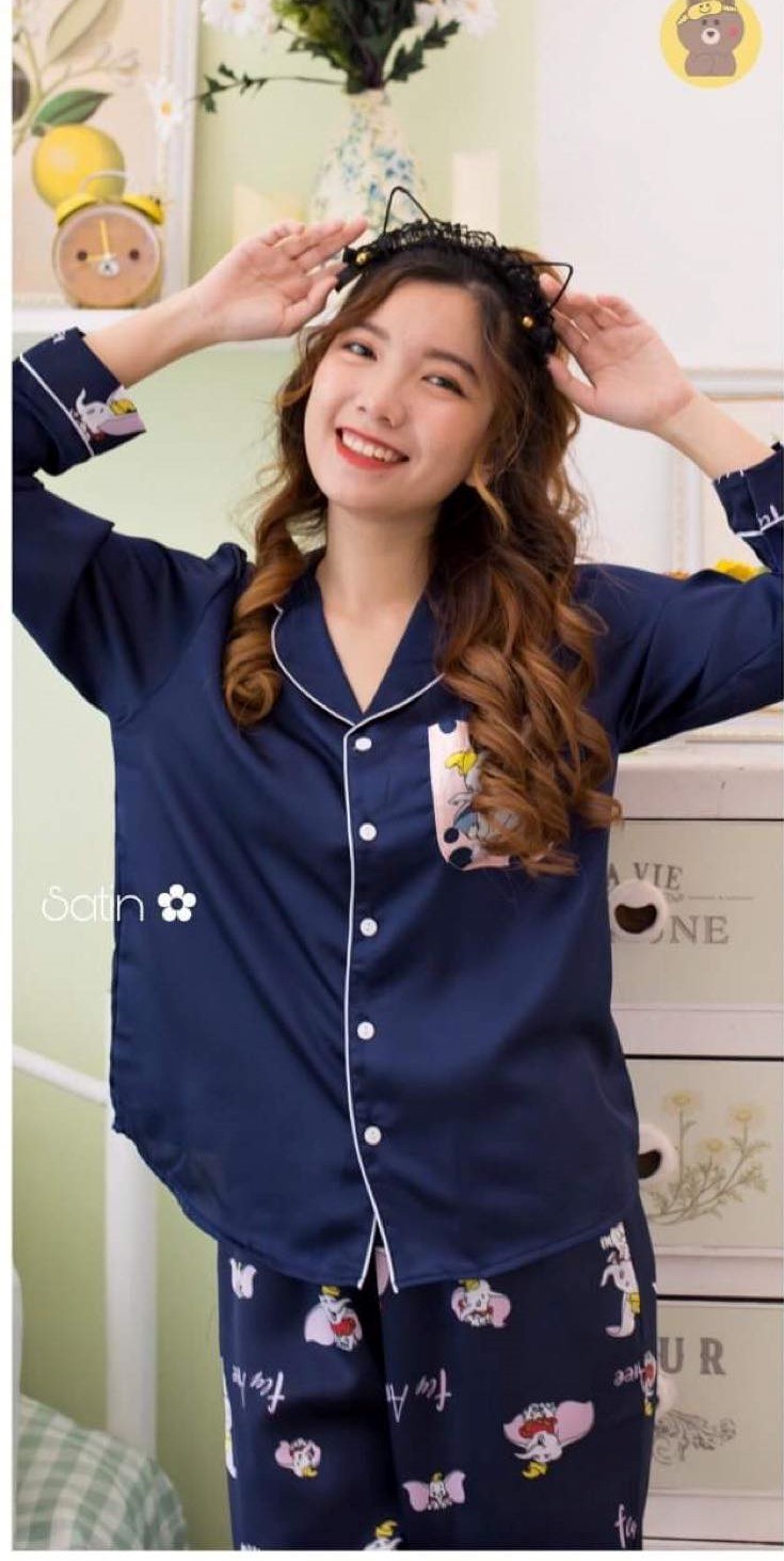 Đồ bộ mặc nhà dài tay satin phối áo trơn có viền