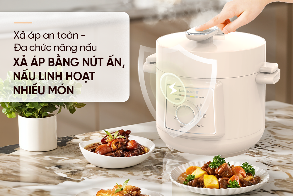 Nồi áp suất điện đa năng 2.5L Sunhouse SHD1520 - Lòng nồi dày 1.8mm - Đa chức năng nấu - Xả áp bằng nút ấn - Hàng chính hãng