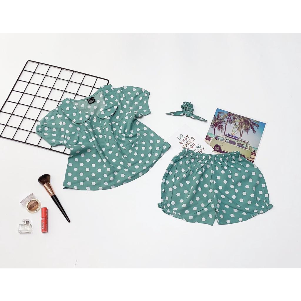 Đồ bộ tole F21 đùi cổ sen bé gái tặng kèm dây cột tóc (10-37kg)