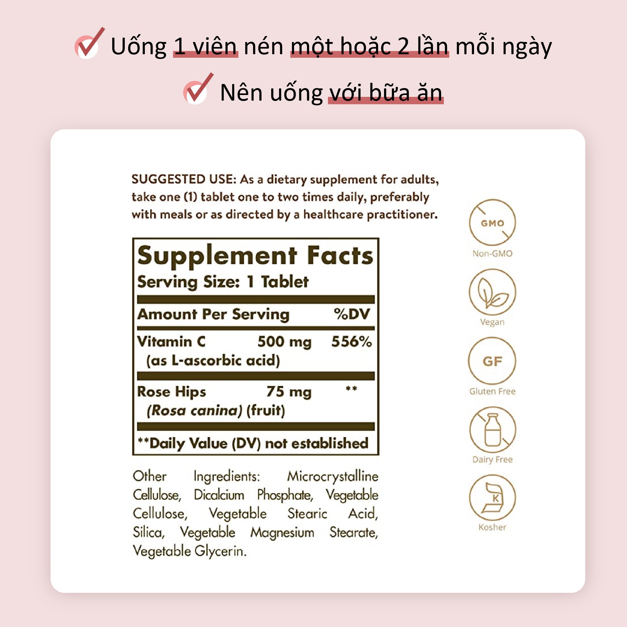 NHẬP KHẨU USA CHÍNH HÃNG - Viên uống bổ sung Vitamin C, tăng sức đề kháng, chống oxy hóa  Solgar Vitamin C 500 mg với Dầu Tầm xuân Rose Hips 