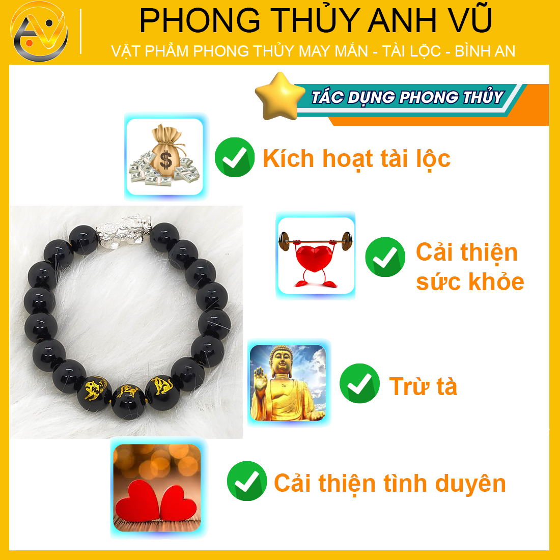 Vòng tay tỳ hưu tam hợp dần ngọ tuất chất liệu mã não đen - size 8 10 12ly cho người mệnh mộc, mệnh thủy - có khai quang điểm nhãn may mắn tài lộc - bảo hành 12 tháng - PHONG THỦY ANH VŨ