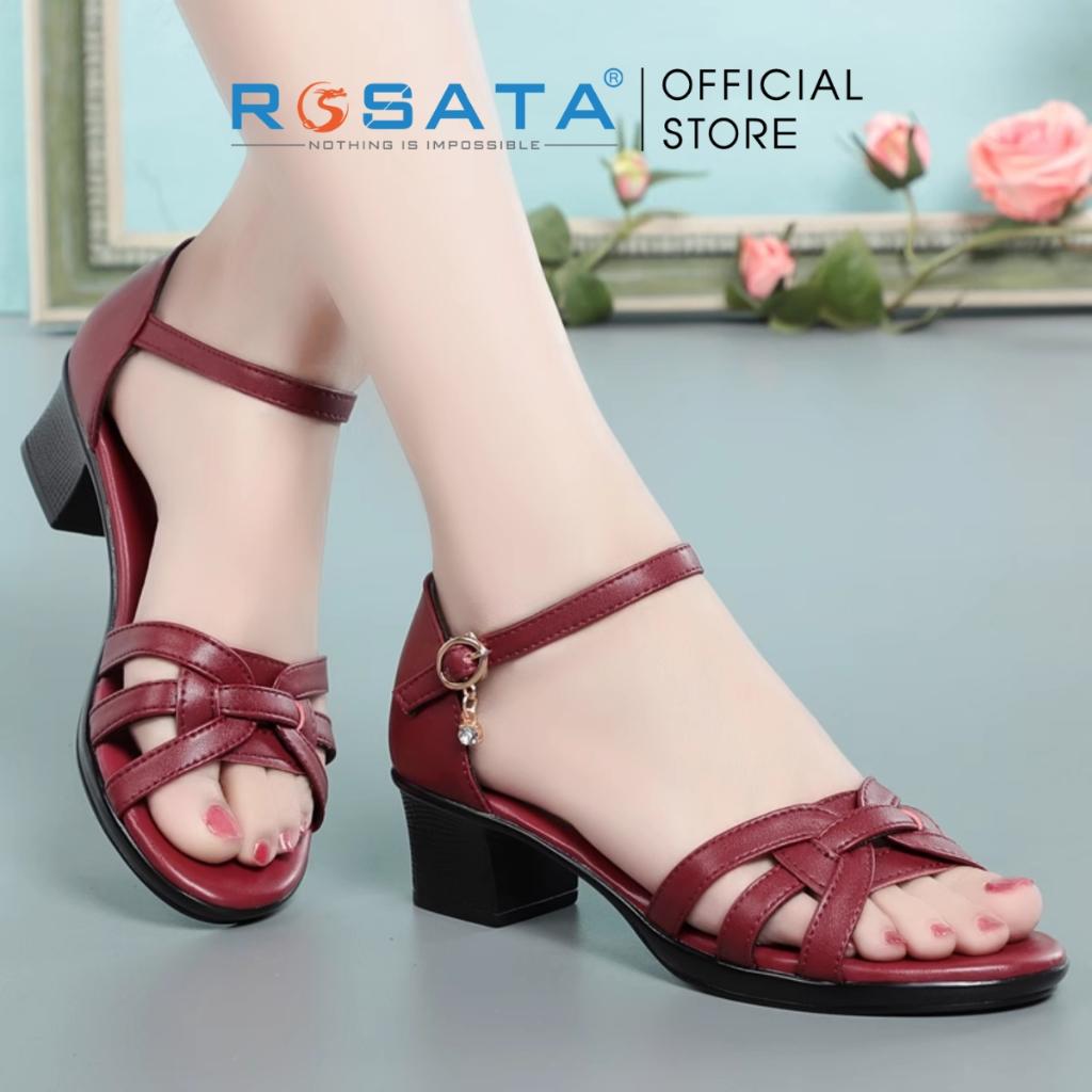 Giày sandal cao gót nữ ROSATA RO450  xỏ ngón phối dây mũi tròn quai cài mảnh gót vuông cao 7cm xuất xứ Việt Nam - Đỏ Đô