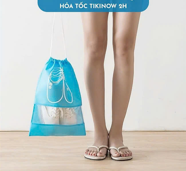 [Loại Dày] Set 2 Túi Vải Đựng Giày, Đồ Du Lịch Đa Năng Có Dây Rút, Chống Thấm Nước Màu Đen