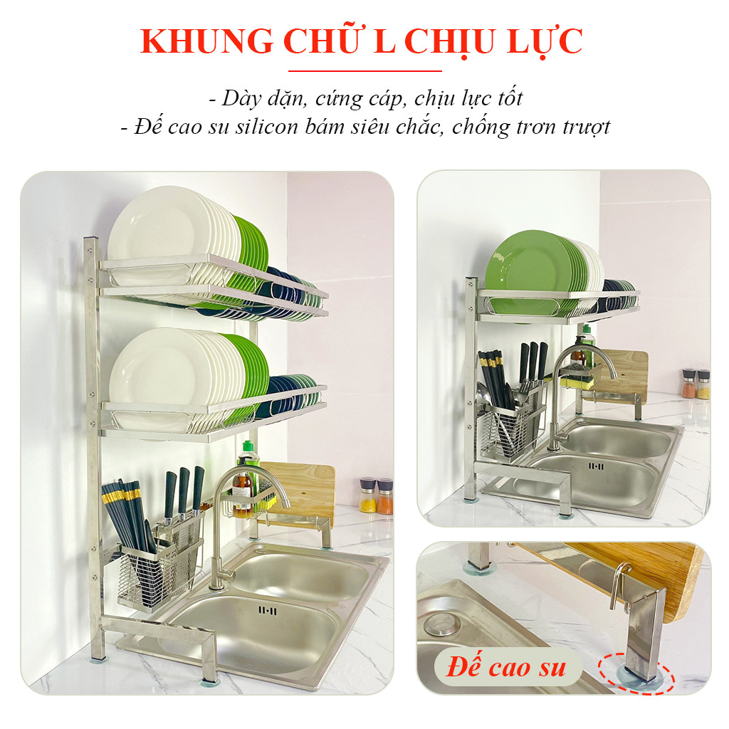 Kệ chén bát đa năng Foodcomkích thước 86 cm 2 tầng dùng cho bồn đơn bằng inox cao cấp không gỉ, giá để bát trên bồn rửa ráo nước cho nhà bếp sạch sẽ