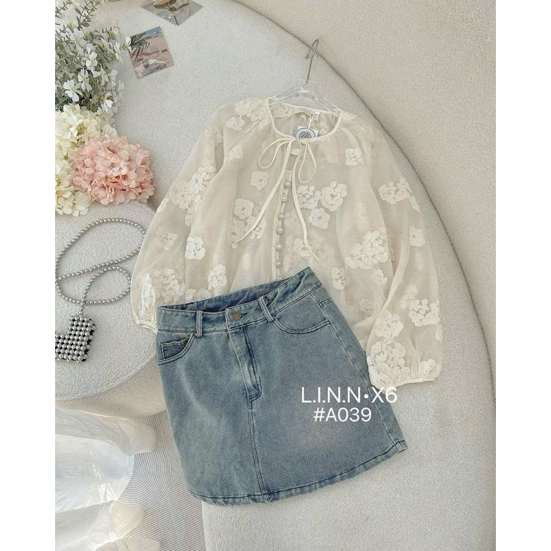 Set ren thêu hoa nổi chân váy bò tiểu thư  BY JOLIE
