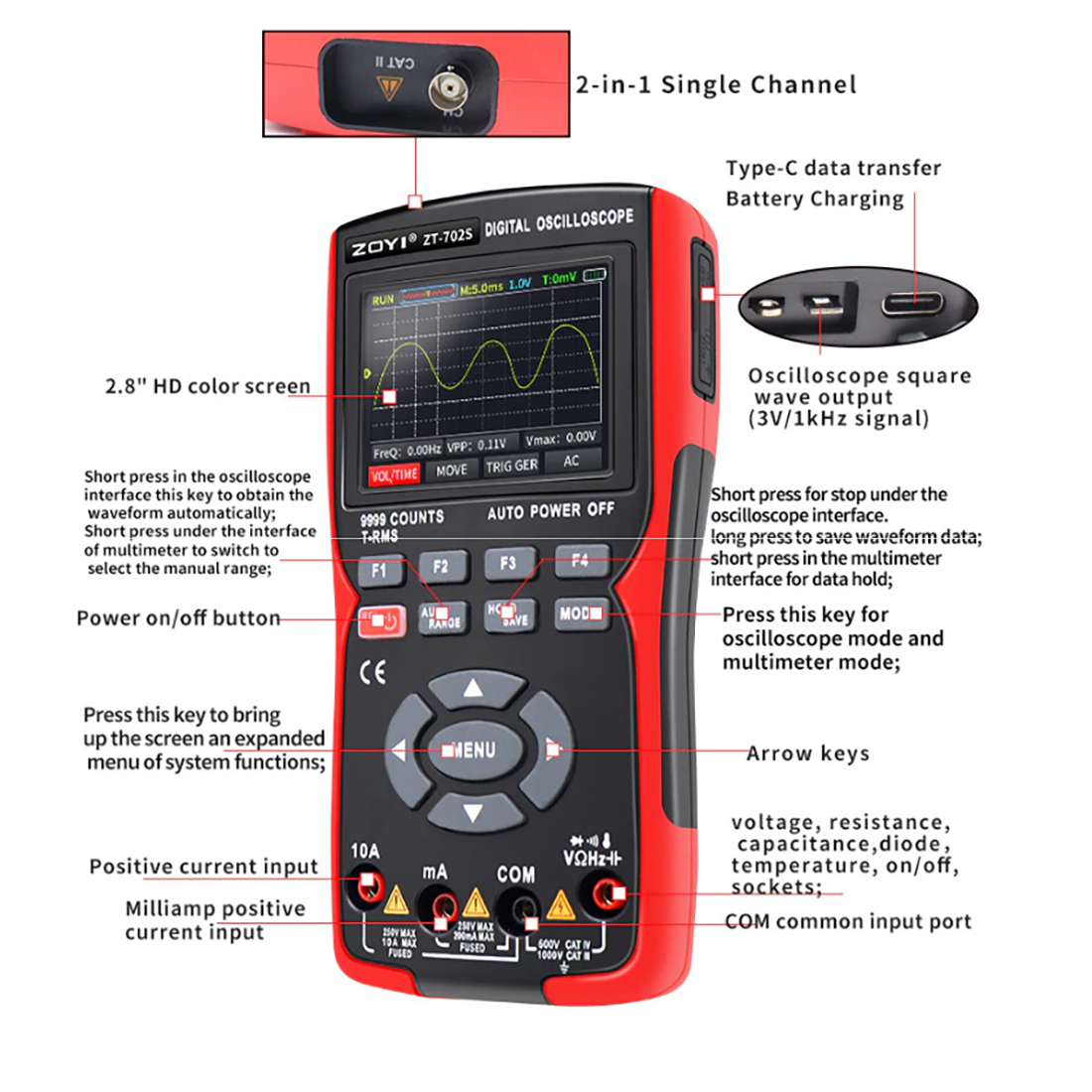 Đồng hồ đo điện kết hợp đo sóng ZT-702S máy hiện sóng đồng hồ đo điện, đo sóng, màn hình IPS 2,8 inch, băng thông 10 MHZ, tốc độ lấy mẫu thời gian thực 48MSa/s, số đếm 9999, dành cho giáo dục phổ thông, bảo dưỡng ô tô, phát hiện điện, và sửa chữa tinh vi