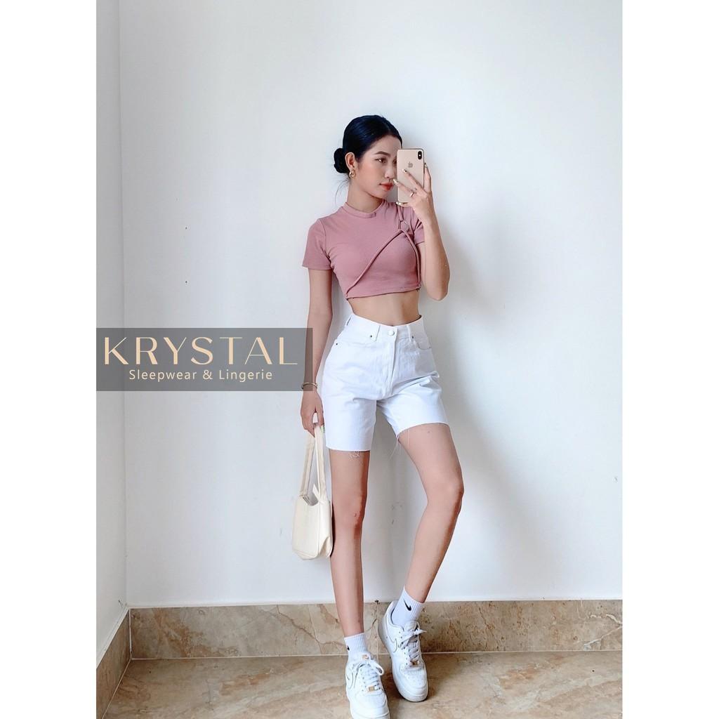 Áo croptop nữ thun tay ngắn có dây chéo ngực ôm body KRYSTAL NK55