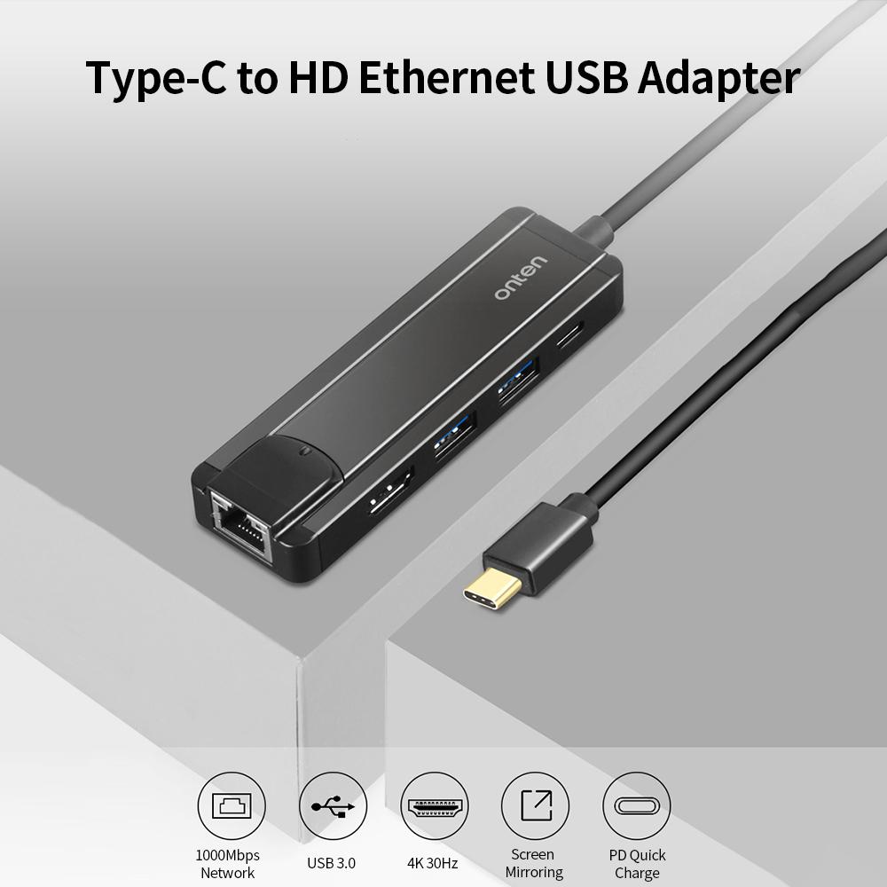Bộ chuyển đổi onten USB Ethernet Type-C sang HD 5 trong 1 Hub PD Sạc nhanh / Truyền tốc độ cao / Hỗ trợ 10/100 / 1000Mbps