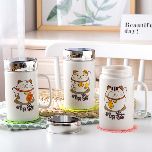 Ly sứ giữ nhiệt mèo thần tài Nắp tráng gương