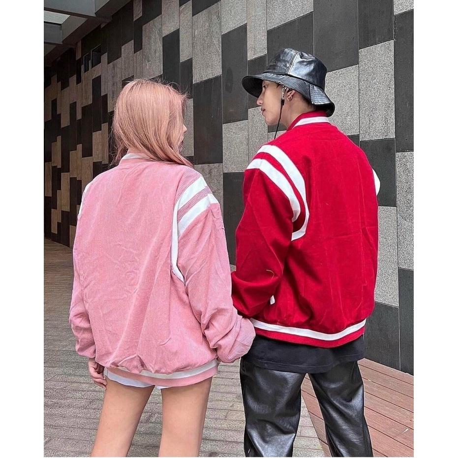 Áo Khoác Bomber Nhung Gân Tăm Thêu  ̂ Jacket Varsity GONZ Unisex Form Rộng Nam Nữ Ulzzang