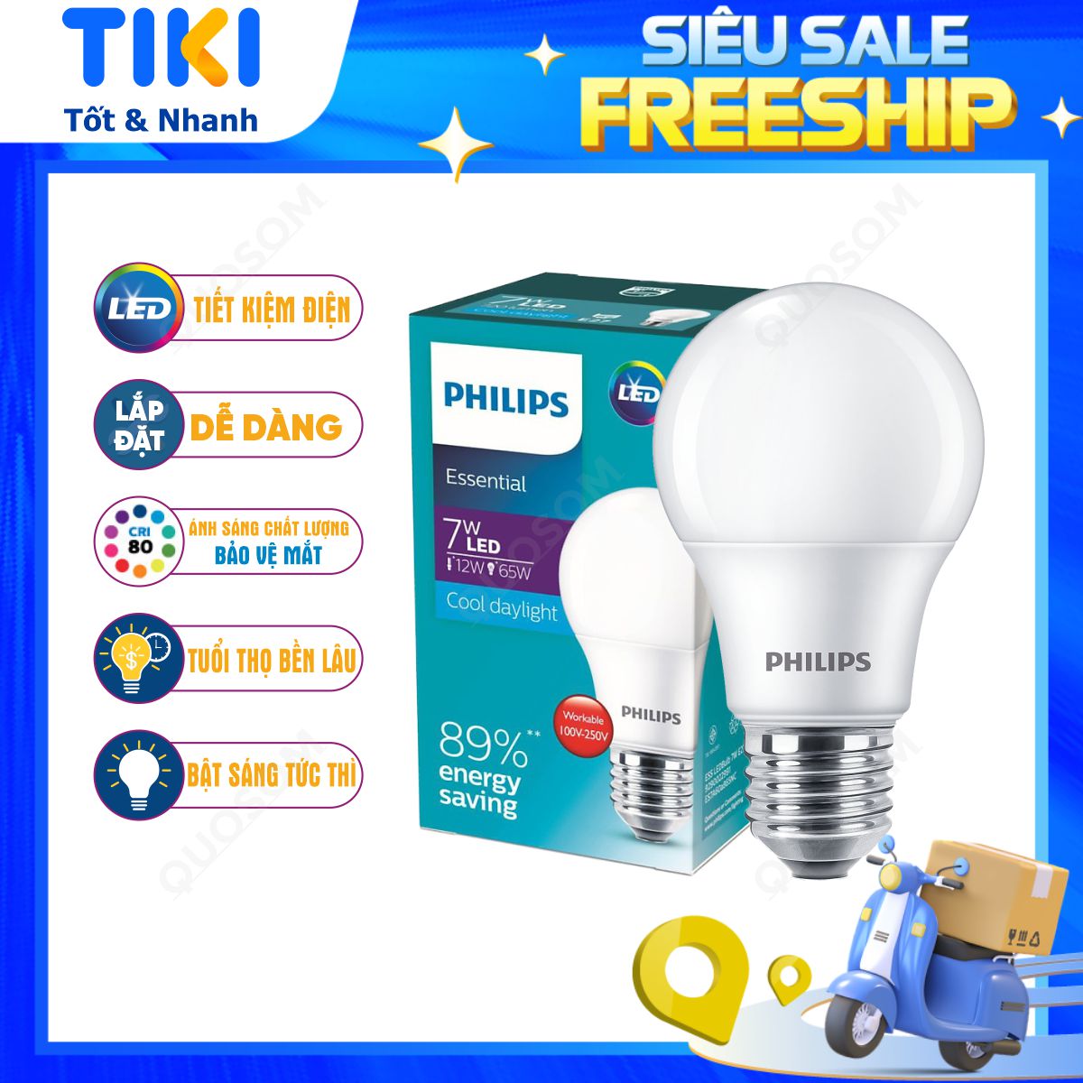 Bóng Đèn Led Bulb Philips Essential E27 - Tiết Kiệm Điện, Ánh Sáng Chất Lượng Cao - Hàng Chính Hãng - 7W - Ánh Sáng Trắng 6500K
