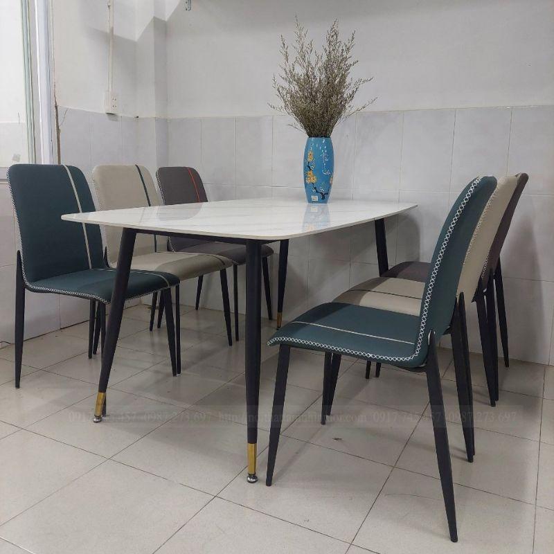Bàn Ăn 6 Ghế Mặt Đá Chống thấm ố,Trầy, chân bàn sắt sơn tĩnh điện 002