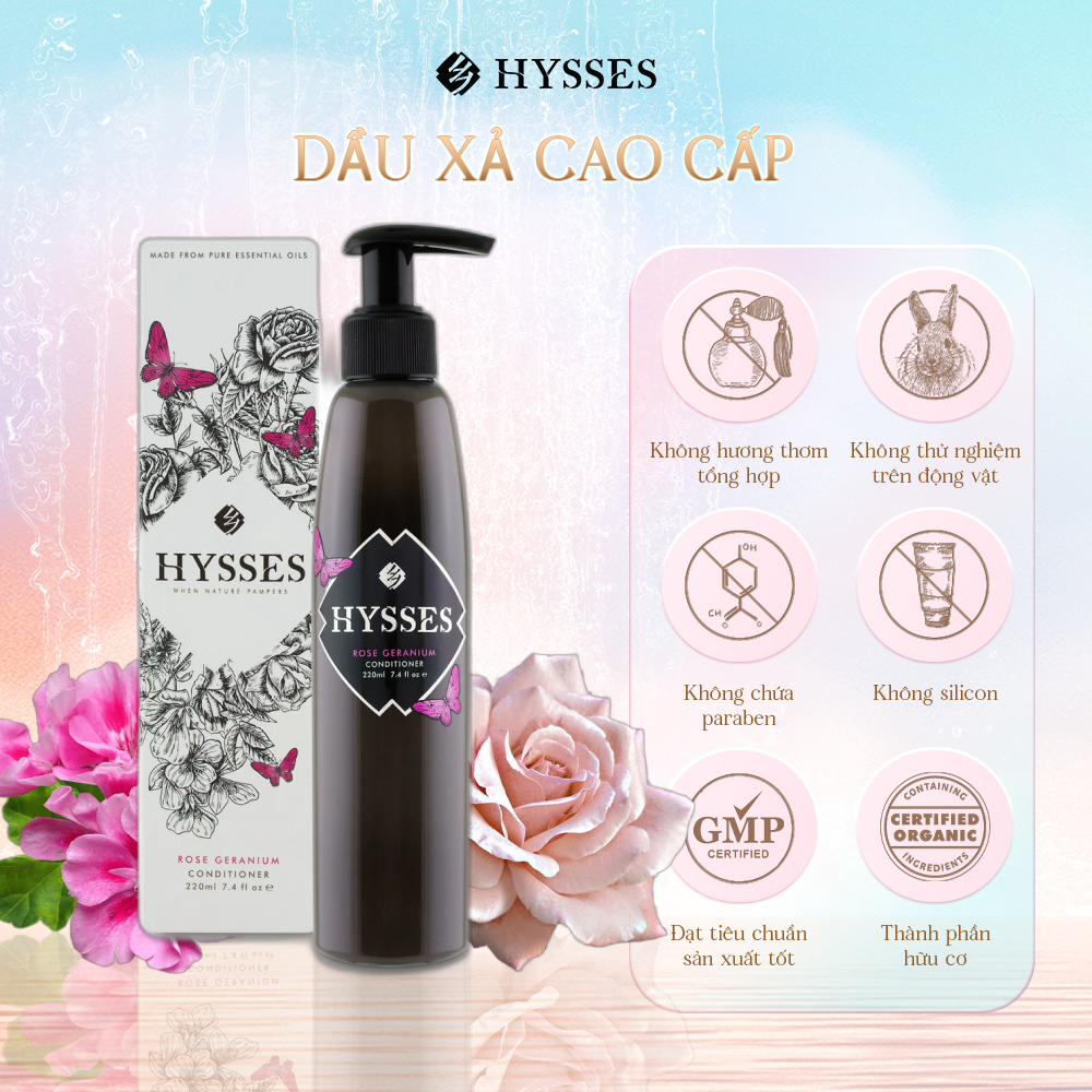 Dầu Xả Tinh Dầu Cao Cấp Hysses Giúp Tóc Bóng Mượt & Mềm Mại, Hỗ Trợ Tình Trạng Hư Tổn, Khô Xơ, Gãy Rụng Với Hoa Hồng và Hoa Phong Lữ Hữu Cơ Tự Nhiên