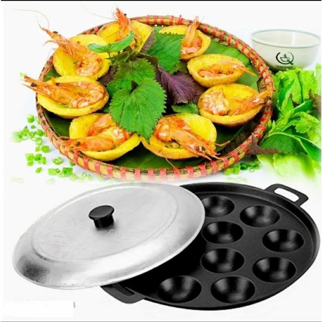 Khuôn Bánh Khọt 8 Lỗ Bằng Gang Chống Dính Loại Dày Cao Cấp Có Nắp Đậy