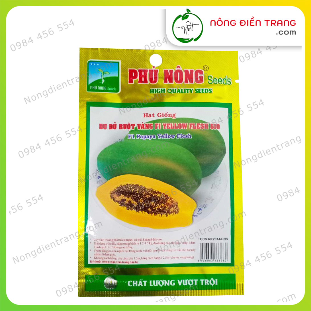 Hạt Giống Đu Đủ Ruột Vàng F1 YELLOW FLESH Phú Nông - Gói 10 Hạt - Tỷ Lệ Nảy Mầm Cao, Sinh Trưởng Khỏe, Năng Suất Cao VTNN Nông Điền Trang