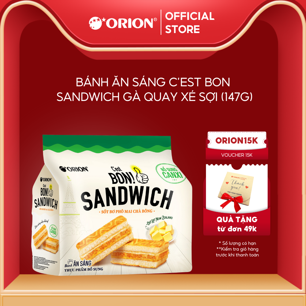 Túi 6 gói bánh ăn sáng C'est Bon Sandwich Sốt Bơ Phô Mai Chà Bông Orion (147G)