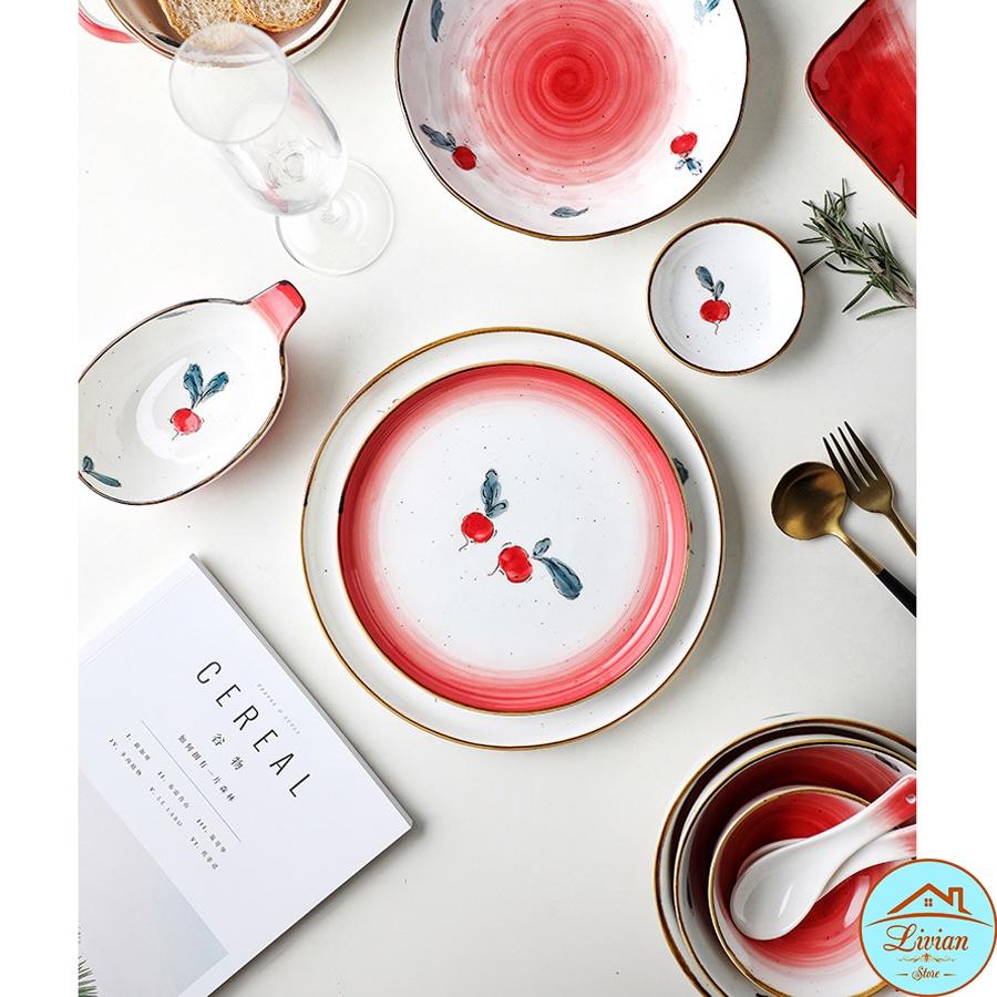 Đĩa sứ, đĩa decor bàn ăn họa tiết củ cải đỏ nhiều kích thước