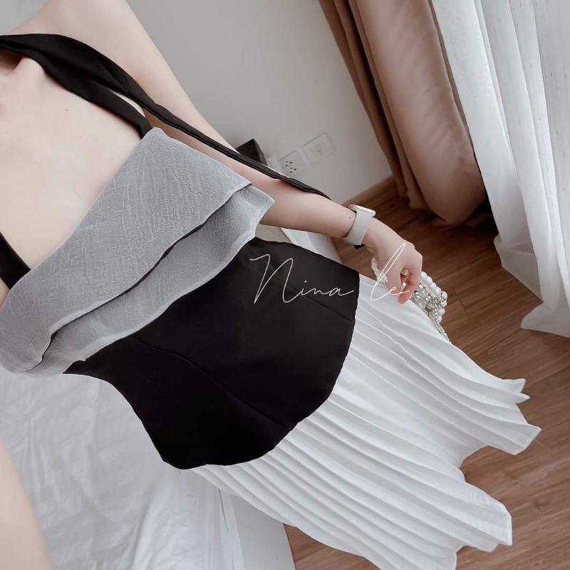 SET BỘ ÁO CỔ YẾM XẾP TẦNG BÈO VỚI CHÂN VÁY DÀI