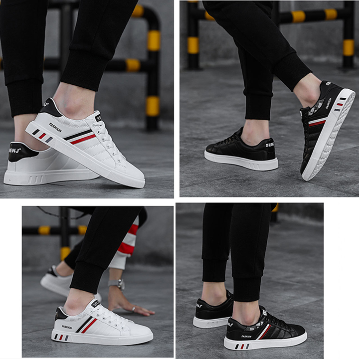 Giày Thể Thao Nam, Giày Nam Sneaker Màu Trắng, Màu Đen Bằng da Mềm Mịn Form Gọn Ôm Chân Tặng Kèm Đồng Hồ Nam