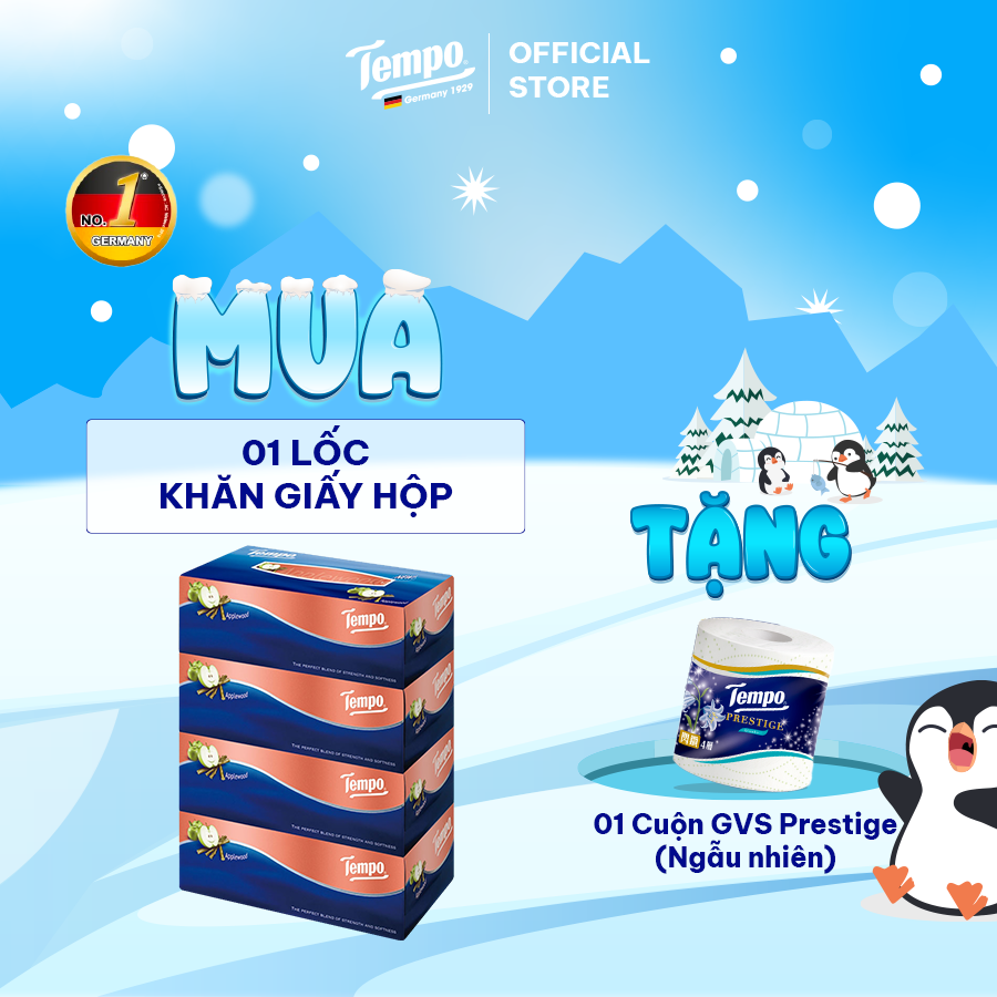 [MUA 4 HỘP TẶNG 1 CUỘN GVS 4 LỚP PRESTIGE] khăn GIấy Rút Cao Cấp Tempo - 3 Lớp Bền Dai, Không Kích Ứng Da - Thương hiệu Đức, Hương Gỗ Táo