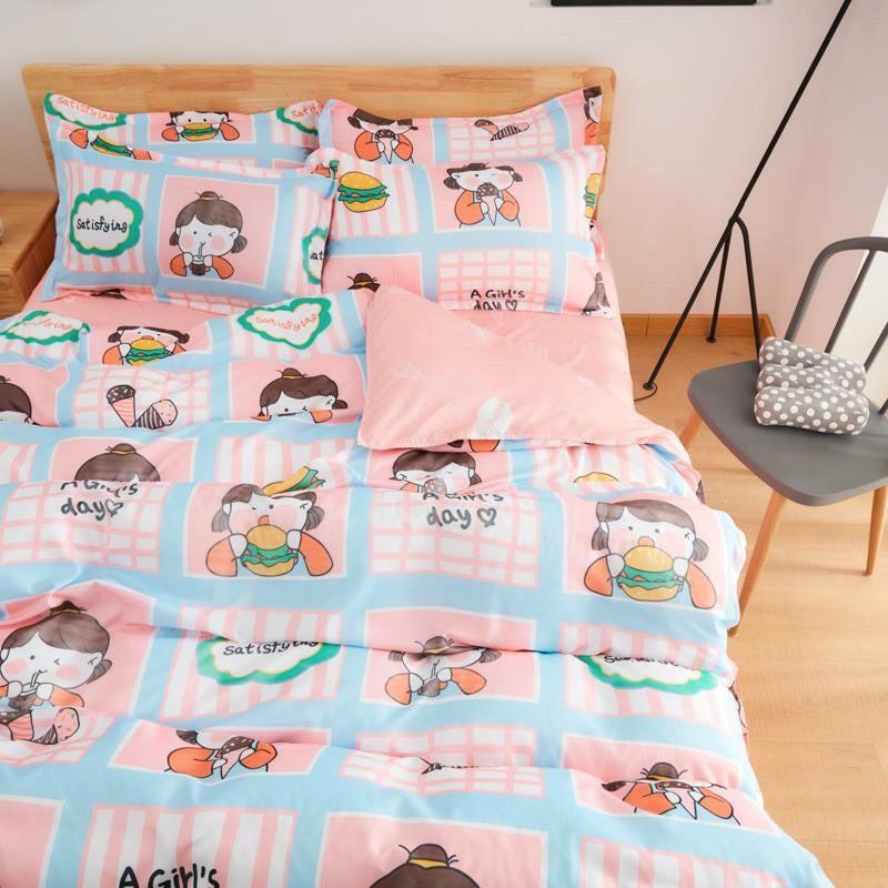 Bộ chăn ga Cotton Poly M2T bedding chăn ga Hàn Quốc họa tiết cô bé ăn kem đủ size miễn phí bo chun
