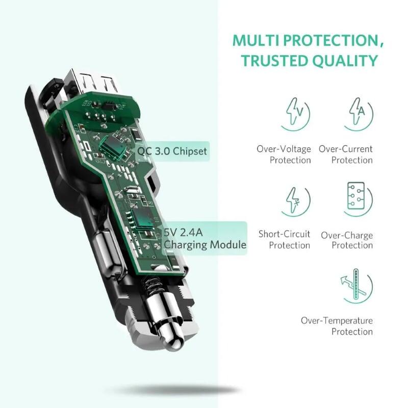 Ugreen UG50421CD130TK QC3 30W 5.4A màu đen sạc xe hơi hỗ trợ usb quick charge 3.0 3A và iSmart 2.4A - HÀNG CHÍNH HÃNG