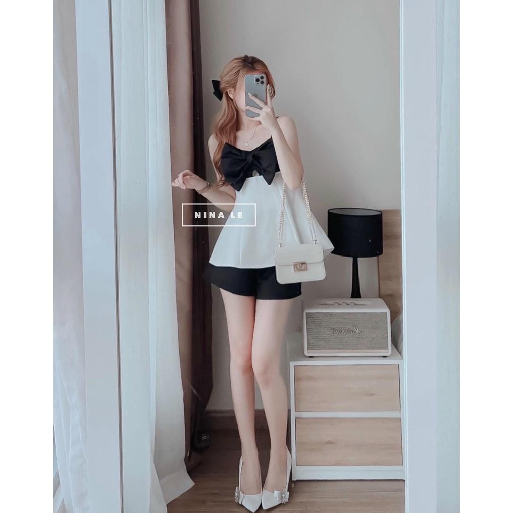 Sét bộ đùi áo 2 dây phối quần ống rộng áo phối nơ bản lớn thích hợp phong cách mùa hè mẫu có 1 màu như hình