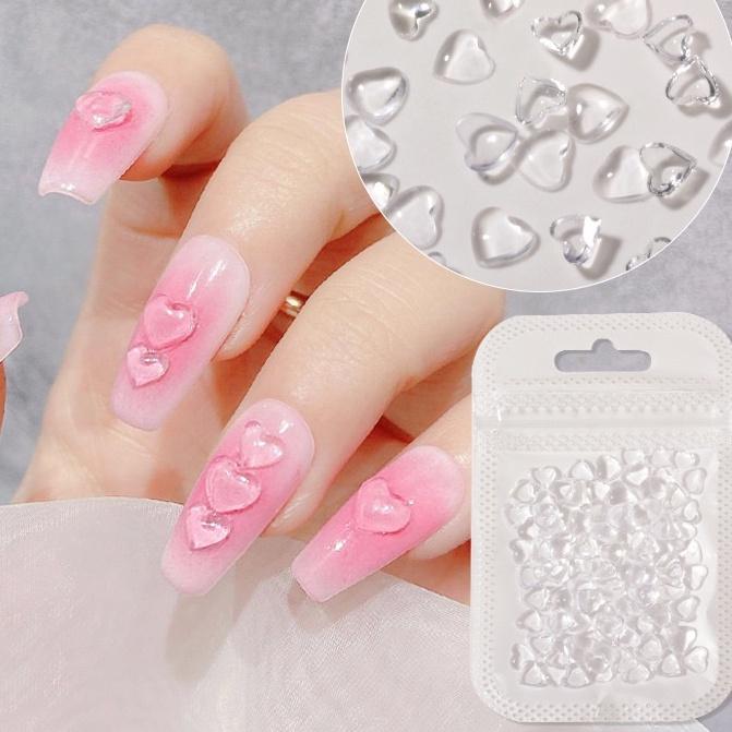 Set 100 Trái Tim Quả ĐàoTrong Suốt Pha Lê Đính Móng