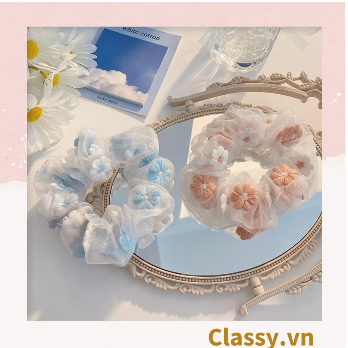 Dây cột tóc Scrunchies vải trong suốt thêu hoa