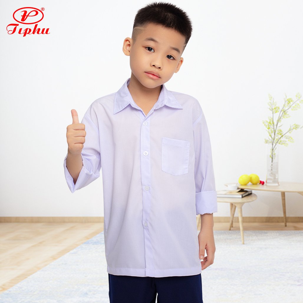 Áo sơmi trắng bé trai tay dài, đồng phục học sinh cấp 1 2, vải KTSilk mềm mại,size từ 6 tuổi trở lên