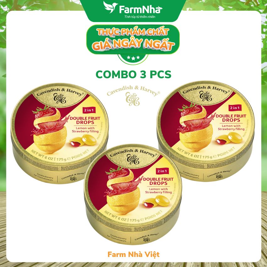 Kẹo trái cây Cavendish & Harvey vị LEMON WITH STRAWBERRY FILLING 175gr nhân siro - Vị ngon tự nhiên tuyệt vời từ Đức