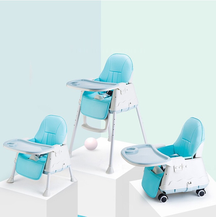 Ghế Ăn Dặm, Ghế Ăn Nâng Hạ Độ Cao Có Nệm Và Bánh Xe - Màu Xanh