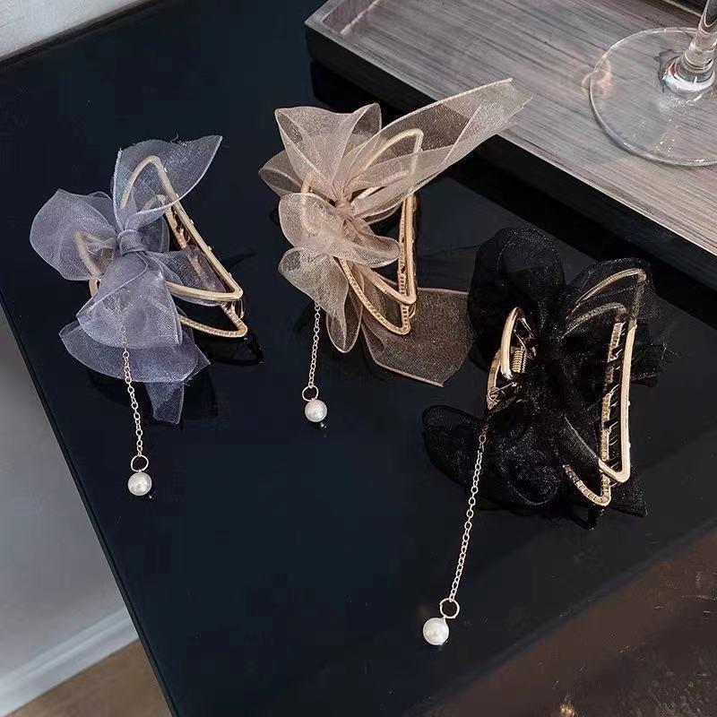 Kẹp tóc càng cua kim loại size lớn đính nơ và hạt châu xinh xắn dành cho bạn nữ