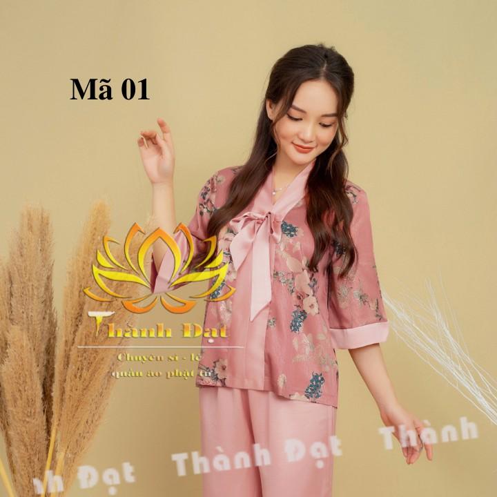 Đồ Lam Đi Chùa Bộ Lụa Nơ Nhũ Chất Lụa Vân Loại 1, Mềm Mịn Cực Đẹp,Thoáng Mát, Dày Dặn Mặc Thoải Mái Khi Đi Lễ Chùa