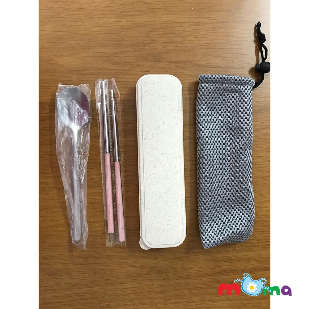 Bộ thìa đũa-muỗng đũa inox có hộp đựng bằng nhựa lúa mạch bảo vệ môi trường, kèm túi dây rút_HK045