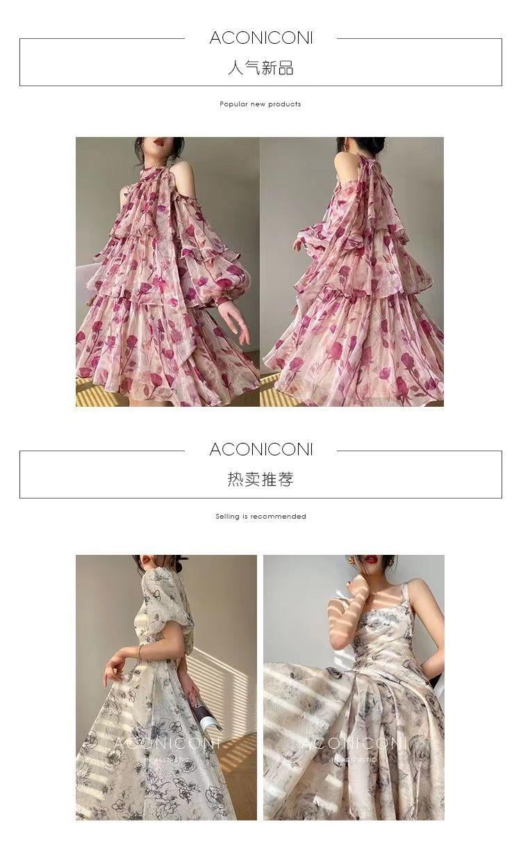 CHENGRUI 2023 Mùa hè Pháp Tea Break Dress hoa ngọt ngào nghỉ mát gió đèn lồng tay áo đầm cổ tích nhỏ