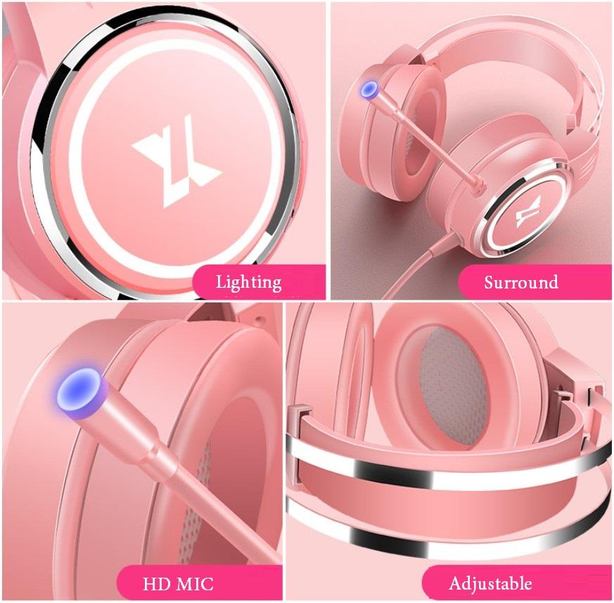 Hồng USB Có Dây Tai Nghe Tai Nghe PC Game Thủ Stereo Tai Nghe Linh Hoạt Điều Chỉnh Tai Nghe Có Mic Cho Laptop/PC/Di Động Dành Cho văn Phòng Bé Gái